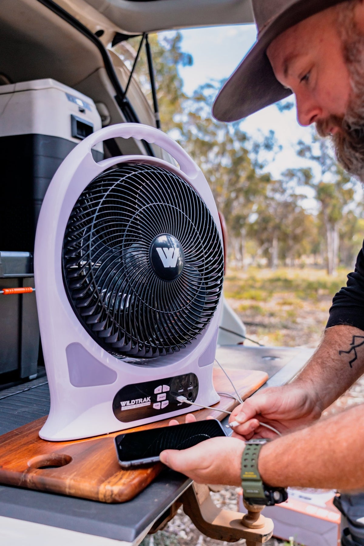 Wildtrak™ Lithium Fan 30cm Rechargeable 12/240V  8 Hours Runtime with USB Output and LED  Night Light