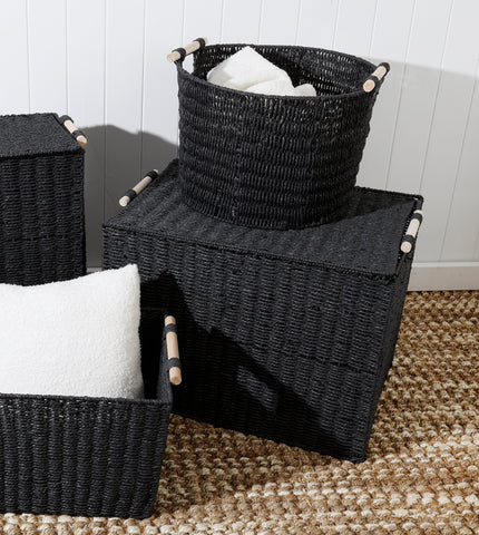 Black Paper Rope Basket With Lid / Collapsible