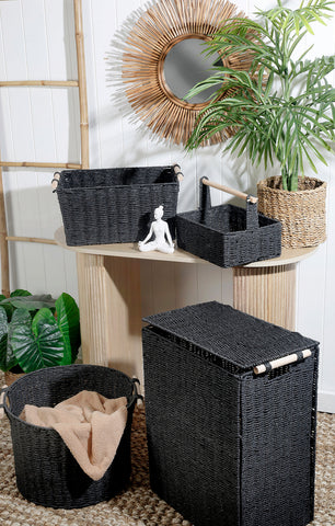 Black Paper Rope Basket With Lid / Collapsible