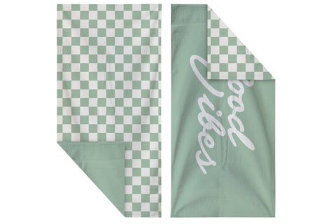 Good Vibes™ Premium Quick Dry 300gsm Microfibre Waffle, Double Sided Beach Towel - Sage Check