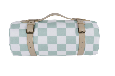 Good Vibes™ Family Picnic Blanket, Carry Strap, Oxford Fleece, Waterproof Base - Sage Check