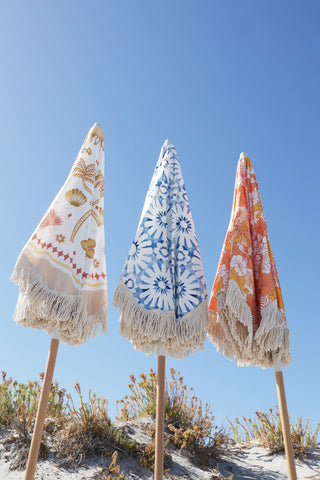Good Vibes™ 2m Luxe 100% Canvas Beach Umbrella, UV50+, Wood Pole, Cotton Tassels, Tilting Feature - Indigo Waters