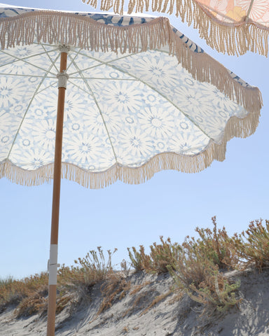Good Vibes™ 2m Luxe 100% Canvas Beach Umbrella, UV50+, Wood Pole, Cotton Tassels, Tilting Feature - Indigo Waters