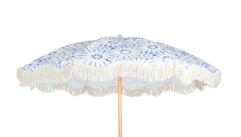 Good Vibes™ 2m Luxe 100% Canvas Beach Umbrella, UV50+, Wood Pole, Cotton Tassels, Tilting Feature - Indigo Waters
