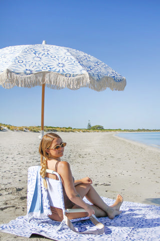 Good Vibes™ 2m Luxe 100% Canvas Beach Umbrella, UV50+, Wood Pole, Cotton Tassels, Tilting Feature - Indigo Waters