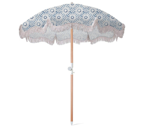 Good Vibes™ 2m Luxe 100% Canvas Beach Umbrella, UV50+, Wood Pole, Cotton Tassels, Tilting Feature - Indigo Waters