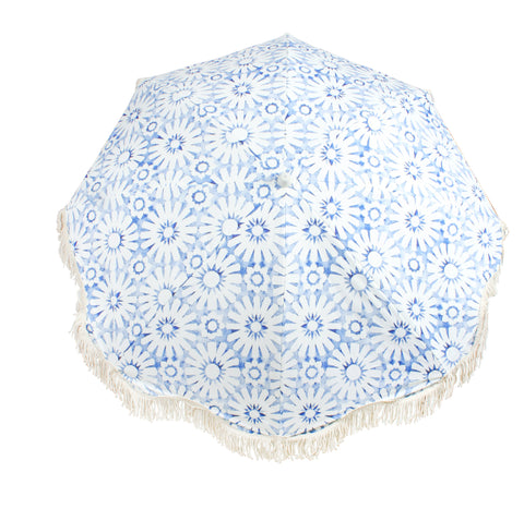 Good Vibes™ 2m Luxe 100% Canvas Beach Umbrella, UV50+, Wood Pole, Cotton Tassels, Tilting Feature - Indigo Waters
