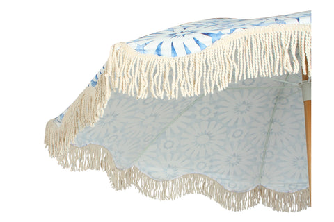 Good Vibes™ 2m Luxe 100% Canvas Beach Umbrella, UV50+, Wood Pole, Cotton Tassels, Tilting Feature - Indigo Waters