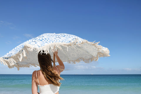 Good Vibes™ 2m Luxe 100% Canvas Beach Umbrella, UV50+, Wood Pole, Cotton Tassels, Tilting Feature - Indigo Waters
