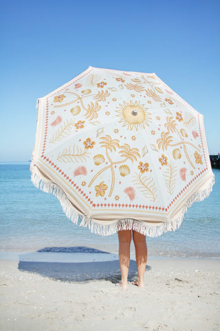 Good Vibes™ 2m Luxe 100% Canvas Beach Umbrella, UV50+, Wood Pole, Cotton Tassels, Tilting Feature - Moroccan Palm