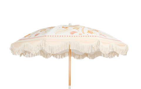 Good Vibes™ 2m Luxe 100% Canvas Beach Umbrella, UV50+, Wood Pole, Cotton Tassels, Tilting Feature - Moroccan Palm