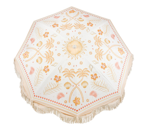 Good Vibes™ 2m Luxe 100% Canvas Beach Umbrella, UV50+, Wood Pole, Cotton Tassels, Tilting Feature - Moroccan Palm
