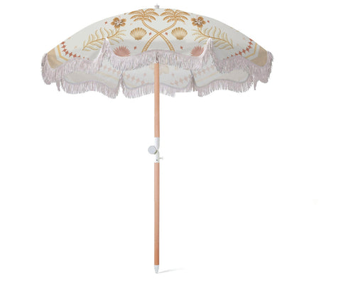 Good Vibes™ 2m Luxe 100% Canvas Beach Umbrella, UV50+, Wood Pole, Cotton Tassels, Tilting Feature - Moroccan Palm