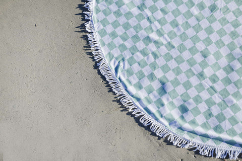 Good Vibes™ Round 400gsm Microfibre Beach Towel with Tassels 150cm Diameter - Sage Check