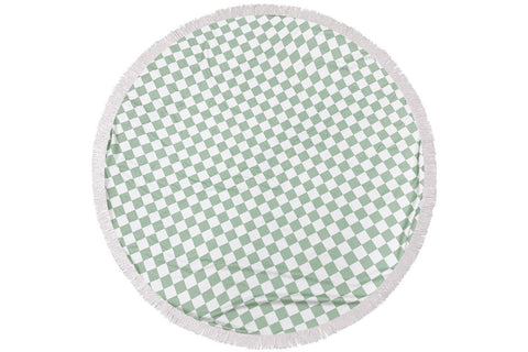 Good Vibes™ Round 400gsm Microfibre Beach Towel with Tassels 150cm Diameter - Sage Check
