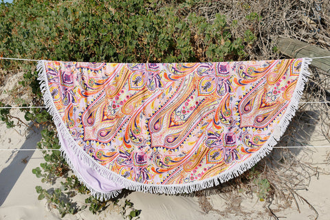 Good Vibes™ Round 400gsm Microfibre Beach Towel with Tassels 150cm Diameter - Nomad Paisley