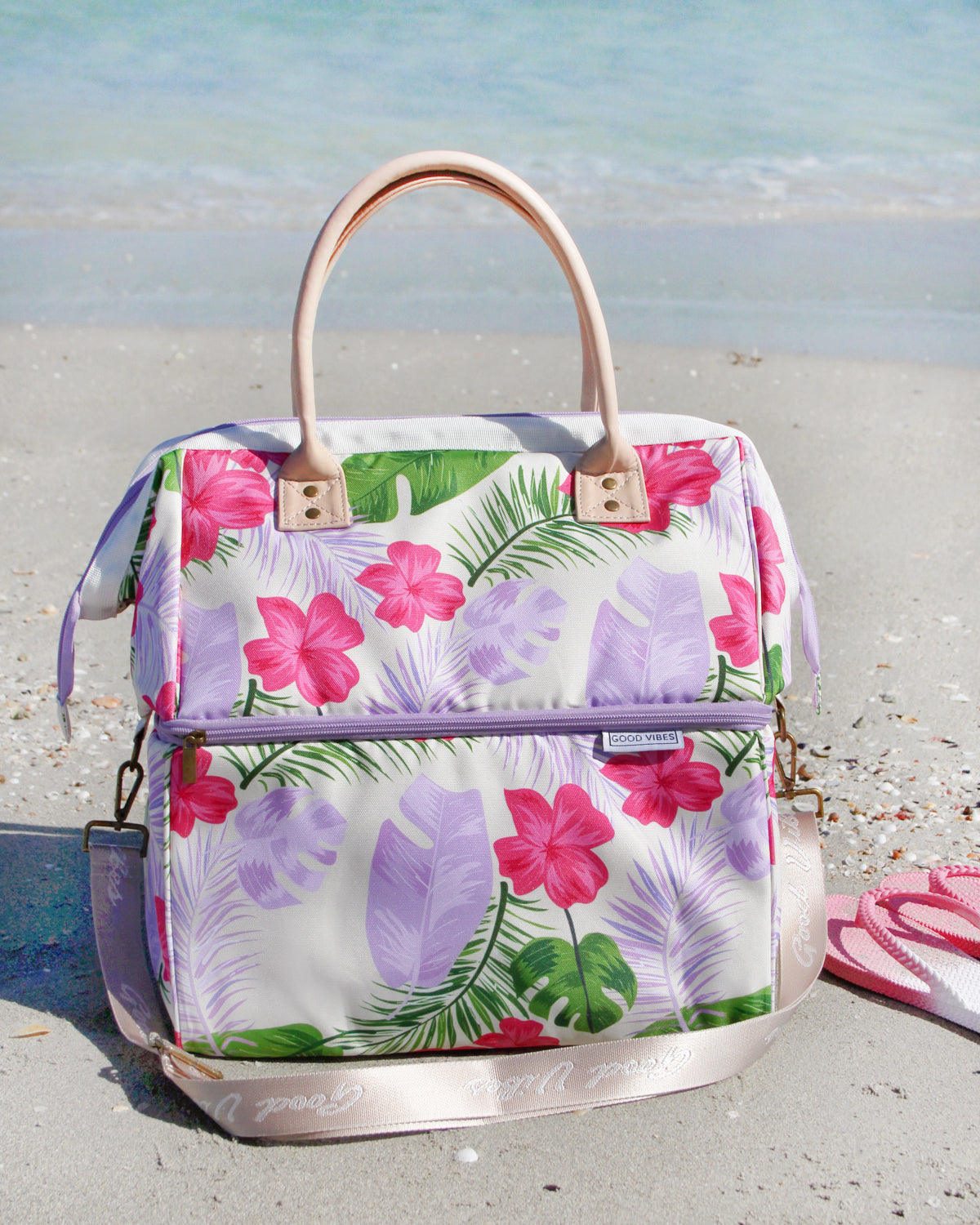Good Vibes™ Premium Insulated Picnic Cooler Bag, Carry Handles, 2 Separate Compartments, Holds 24+ Cans - Hawaiian Shore