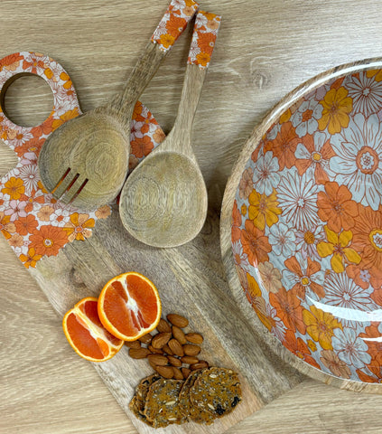 Good Vibes™ 2pc Mango Wood & Enamel Salad Servers 24cm- Hippie Daisies