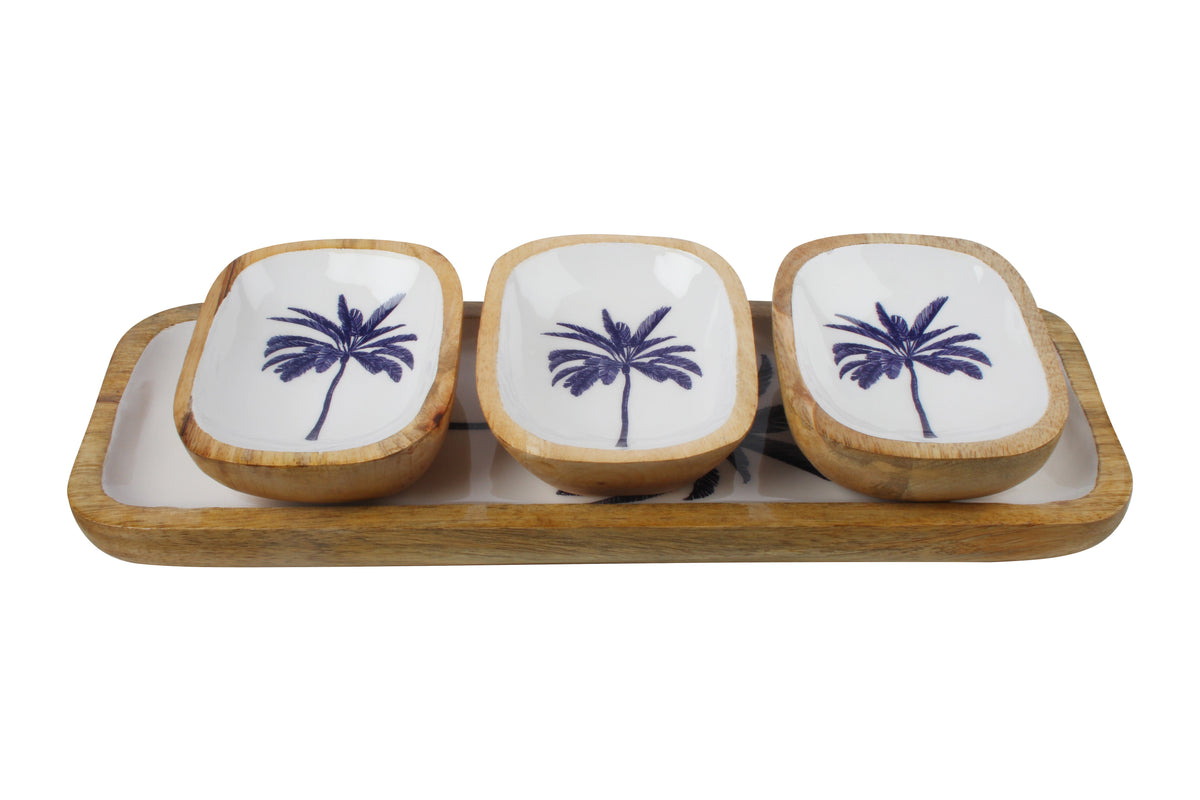 Belize Blue Palm Set Of 3 Dip Bowls & Tray