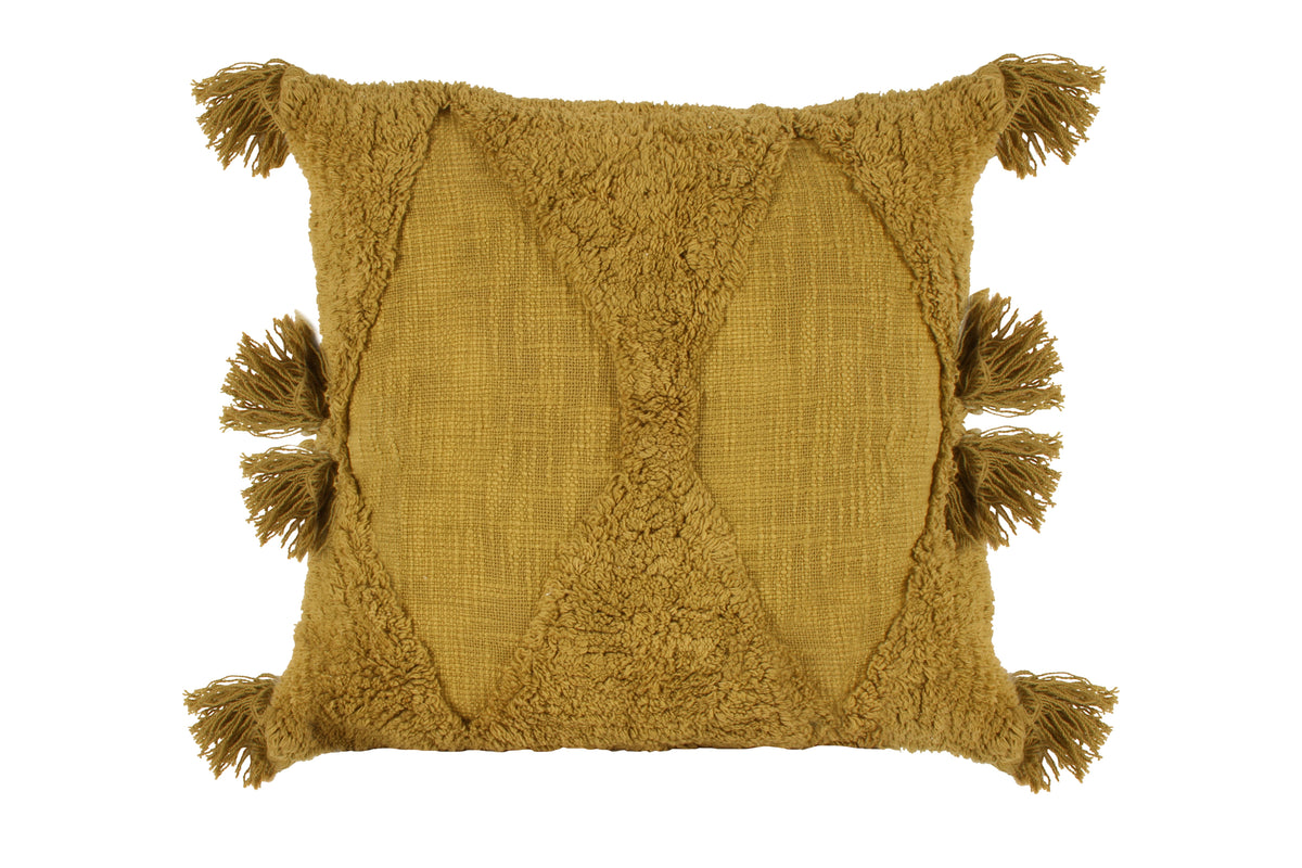 Tufted Cotton Cushion with Tassels in Olive - 45x45cm
