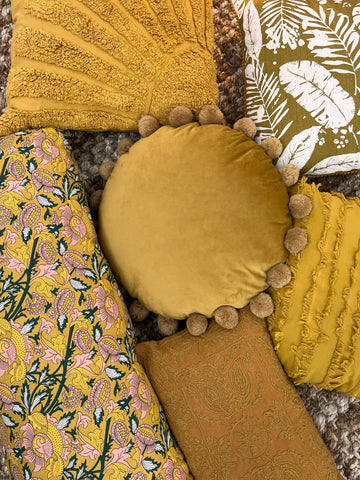 Barrett Mustard Velvet Round Filled Cushion With Pompoms