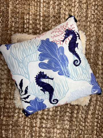 Blue Printed Sea Life Tassel Cushion 45 x 45 cm
