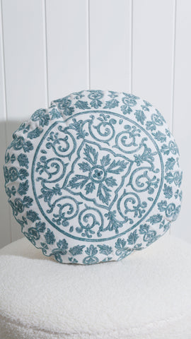 Athena Blue Embroidered Cushion Round 40cm