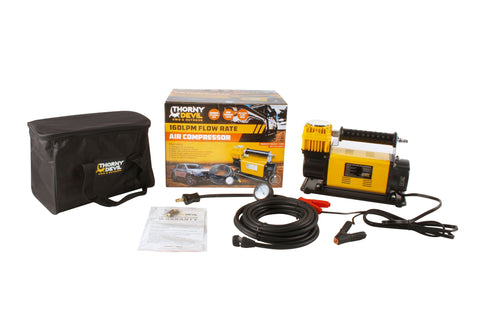 160LPM Flow Rate Air Compressor, 2.4m Fused Leads with Battery Clamps, 3 Accessory Adaptors, 60mm cylinder, 8m Rubber Hose and Carry Bag