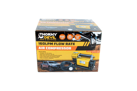 160LPM Flow Rate Air Compressor, 2.4m Fused Leads with Battery Clamps, 3 Accessory Adaptors, 60mm cylinder, 8m Rubber Hose and Carry Bag