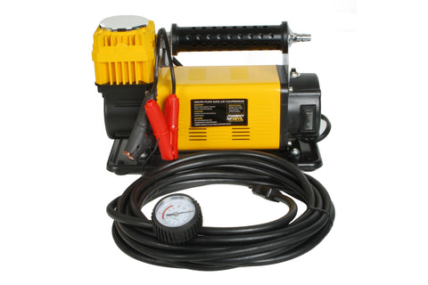 160LPM Flow Rate Air Compressor, 2.4m Fused Leads with Battery Clamps, 3 Accessory Adaptors, 60mm cylinder, 8m Rubber Hose and Carry Bag