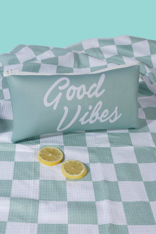 Good Vibes™ Premium Quick Dry 300gsm Microfibre Waffle, Double Sided Beach Towel - Sage Check
