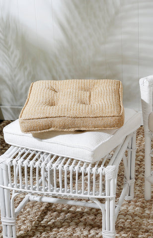 Durable white seat cushion with button accents for outdoor use, 42 x 40 x 5 cm