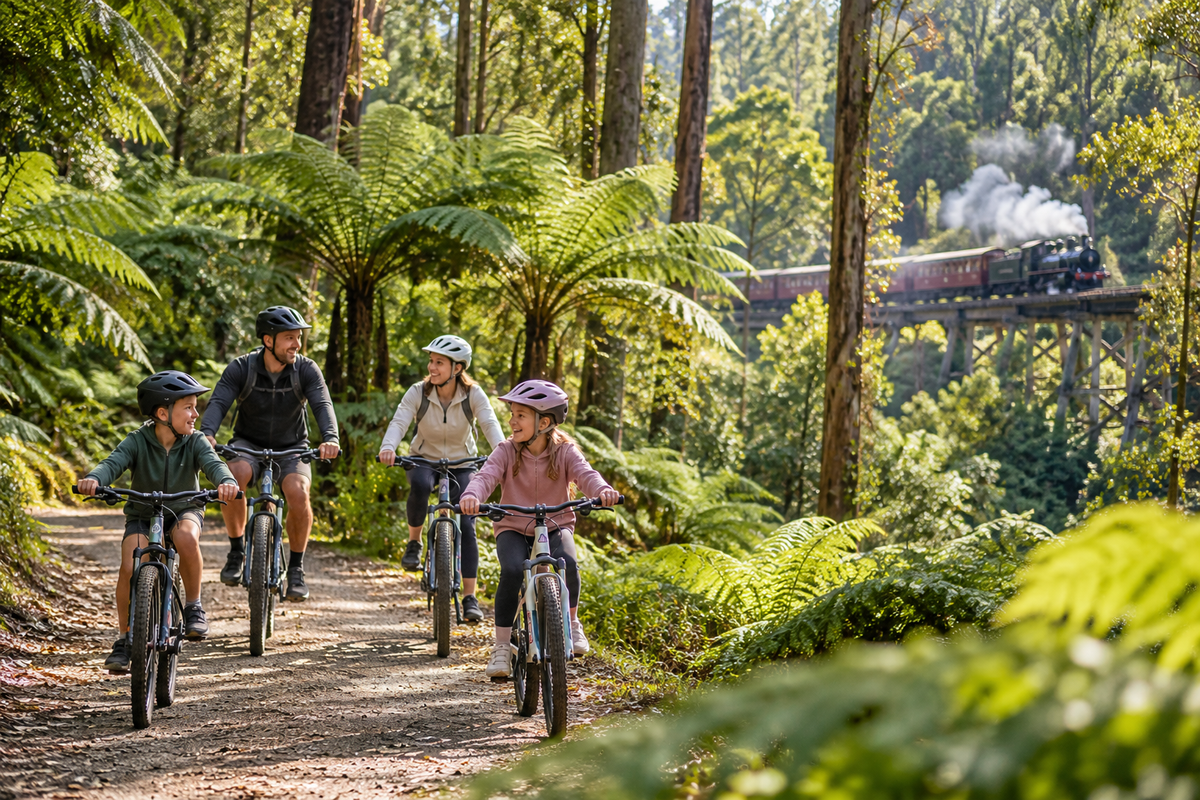 Illustration of family cycling near a heritage train; Tractor Trails demonstration experience