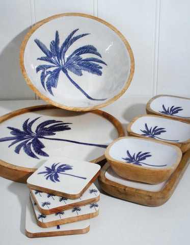 wooden plate and bowl with palmtree design